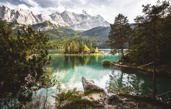 Forest, mountains, lake, stones, shore, pine, island