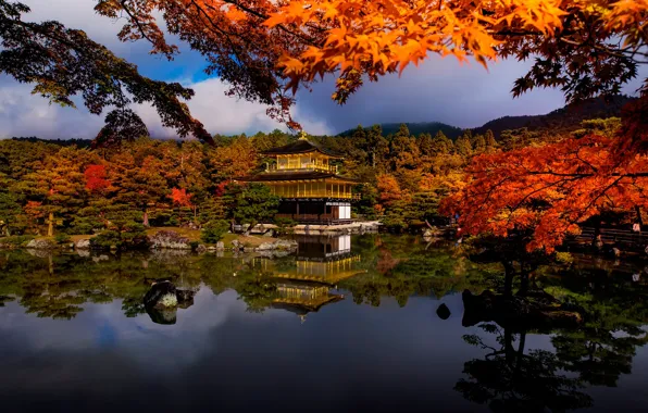Picture autumn, trees, branches, lake, house, Japan
