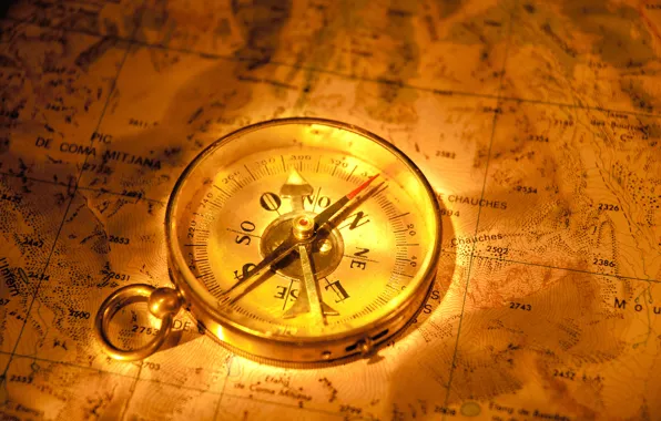Map, arrow, compass