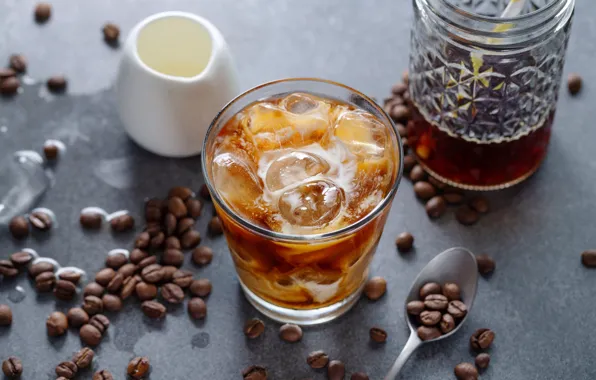 Glass, coffee, drink, ice cubes