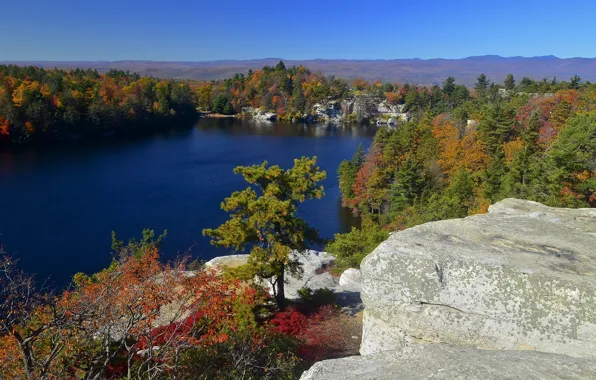 Autumn, forest, trees, rock, lake, panorama, New York, the state of new York