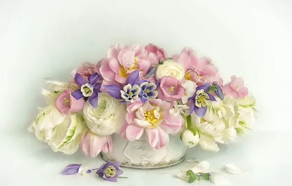Picture flowers, bouquet, petals, art, tulips, pot, pink, white