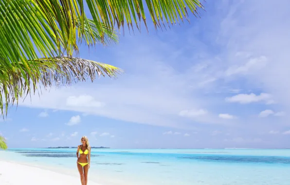 Picture sand, sea, beach, swimsuit, the sky, girl, Palma, blonde