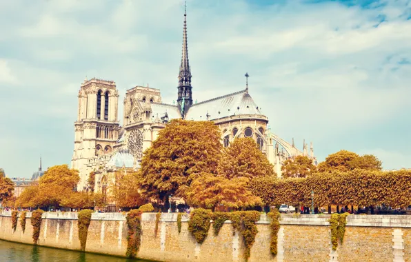 Autumn, the sky, clouds, trees, river, France, Paris, tower