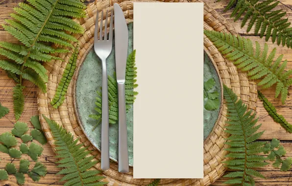 Holiday, Board, plate, knife, plug, cardboard, fern, congratulations