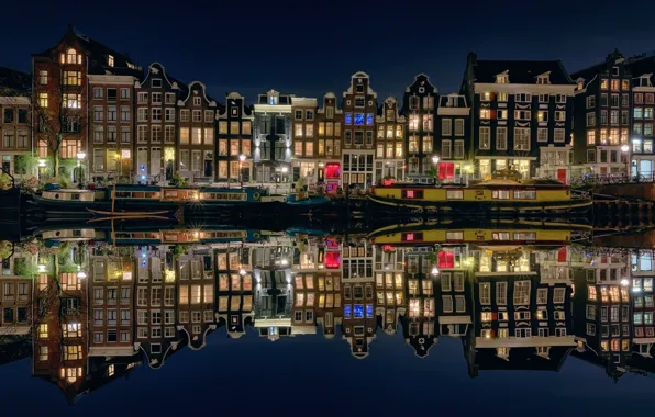 Picture water, light, reflection, night, lights, boats, Amsterdam, Netherlands