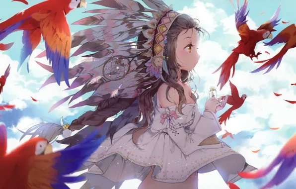 The sky, girl, clouds, anime, feathers, art, bottle, parrots
