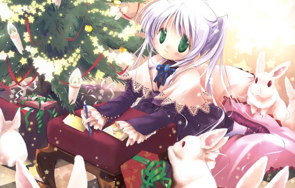 Picture letter, gift, new year, anime, girl, tree, Bunny