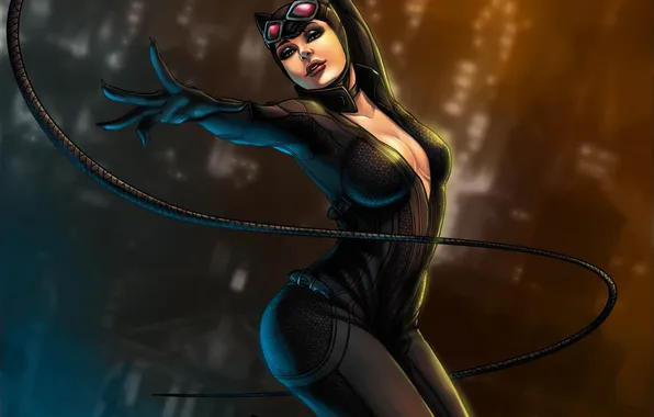 Picture chest, look, girl, the city, costume, art, whip, Catwoman