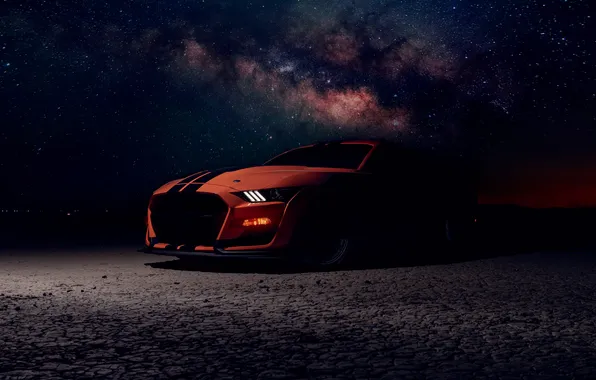 Car, Ford, Shelby, Ford Mustang, desert, night, Milky Way, spotlights