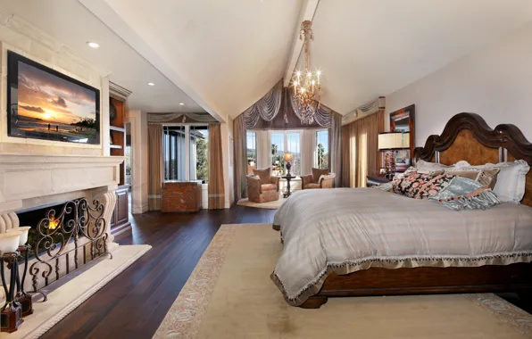 Picture design, room, bed, window, chandelier, fireplace, mansion, design