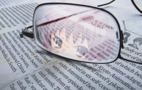 Macro, reflection, glasses, book