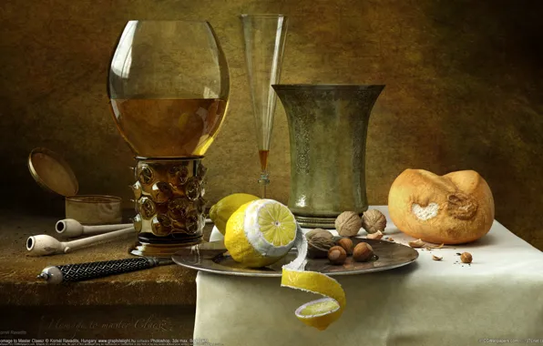 Lemon, glass, Kornél Ravadits, nuts, still life