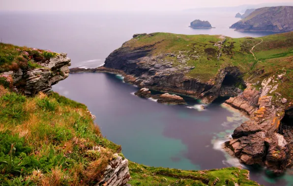 Sea, grass, stones, rocks, shore, view, pond