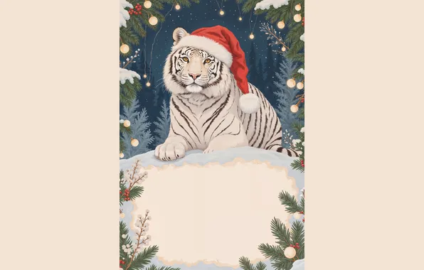 White, look, tiger, frame, Christmas, New year, face, needles