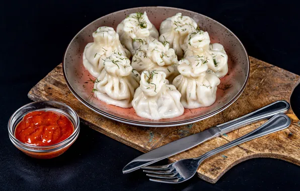 Picture knife, ketchup, dumplings, khinkali