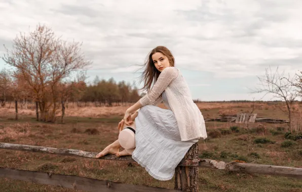 Look, girl, nature, pose, hat, barefoot, brown hair, fence