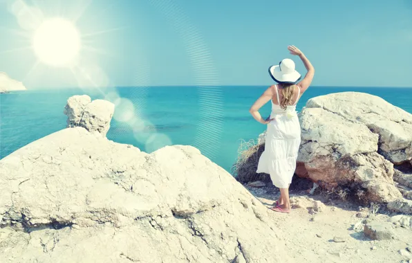 Picture sea, beach, summer, girl, the sun, stay, hat, summer