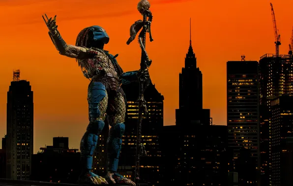 The city, background, toy, predator, being, figurine, thing