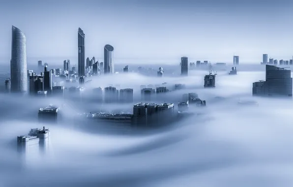 The city, fog, skyscrapers, morning, Dubai, UAE, Dubai Marina