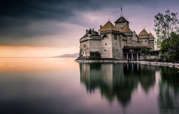 Picture lake, castle, Switzerland, Silion, Geneva