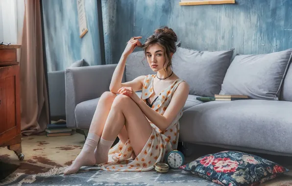 Picture look, girl, pose, room, watch, pillow, book, Anastasia Barmina