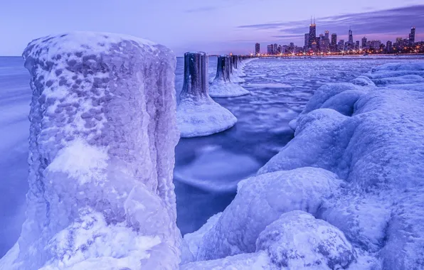 Winter, ice, frost, Chicago, night city, Chicago