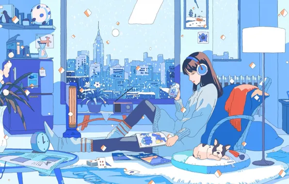 Girl, pug, magazines, floor lamp, headphones, in the room, the view from the window, sweater