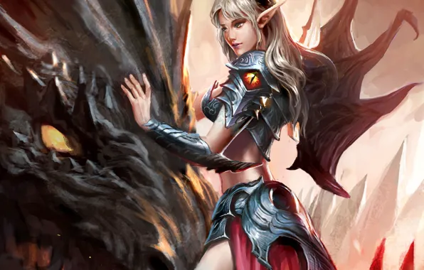 Girl, fantasy, horns, armor, wings, dragon, artwork, fantasy art