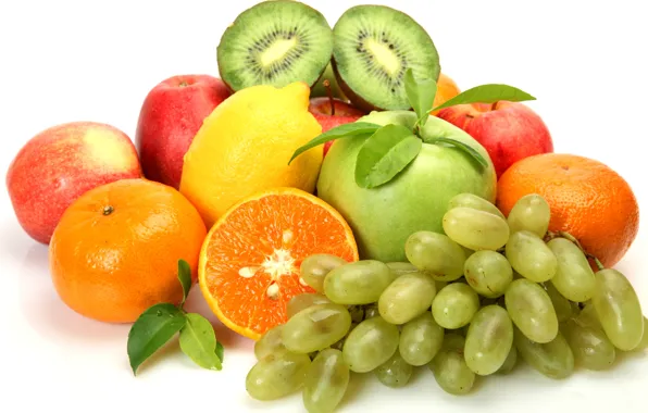Picture berries, lemon, apples, kiwi, grapes, fruit, citrus, tangerines