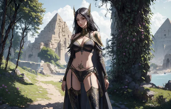 Girl, fantasy, nature, anime, art, painting, fantasy art, pyramids