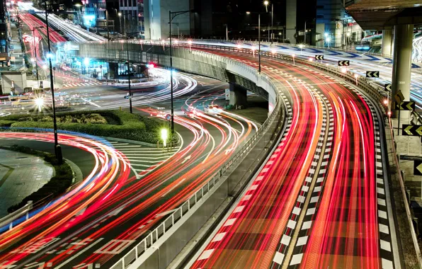 Light, night, bridge, the city, lights, Japan, road, excerpt