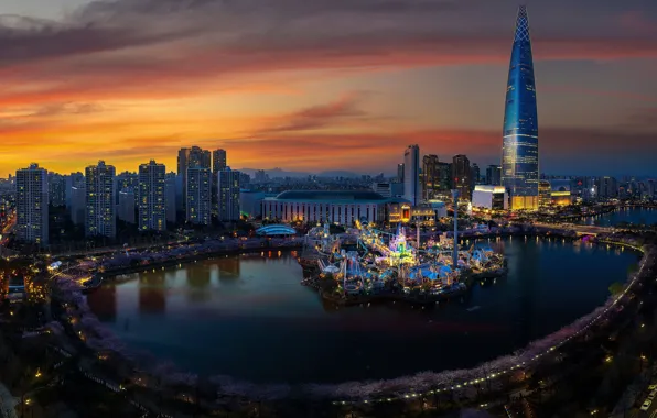 Sunset, the city, lights, shore, skyscrapers, haze, pond, Seoul
