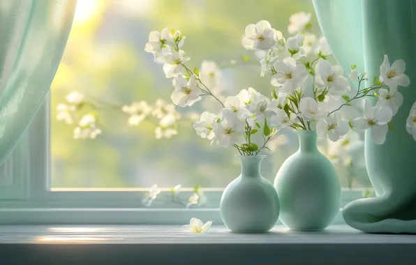 Light, flowers, spring, window, curtains, sill, white, vases