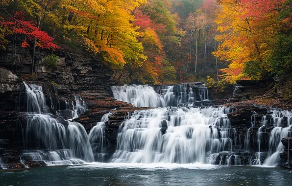 Autumn, forest, trees, rocks, shore, foliage, waterfall, stream