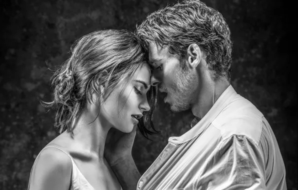 Girl, love, passion, feelings, pair, black and white, male, Lily James