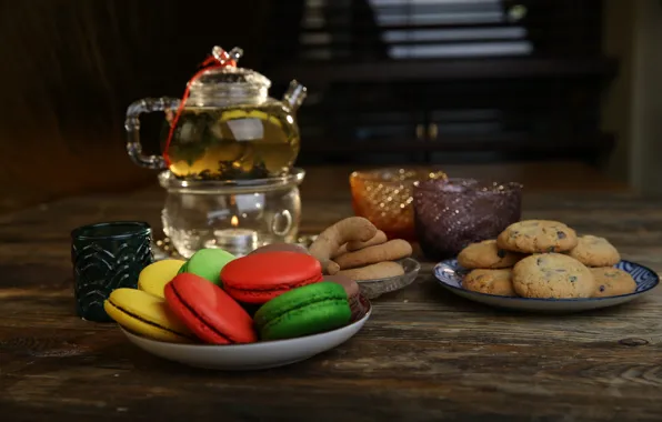 Tea, cookies, sweets, cakes, macaroon