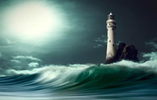 Picture sea, clouds, light, night, graphics, wave, lighthouse, digital art