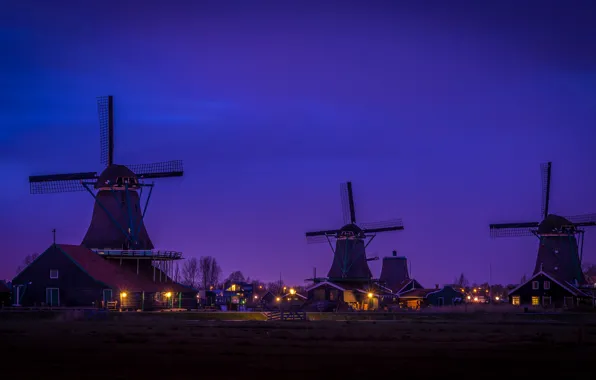 Night, home, village, Netherlands, windmill, Zaanse Schans
