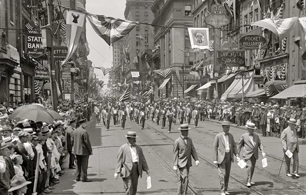 Retro, holiday, street, home, USA, parade, Baltimore, 1916-the year