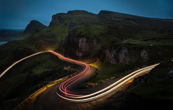Picture road, lights, mountain, the evening, serpentine