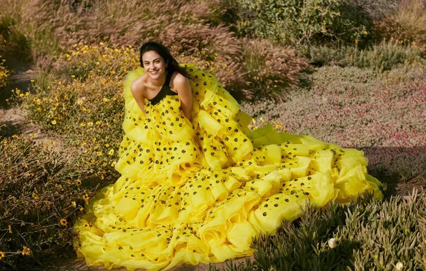 Look, girl, flowers, smile, dress, Vogue, Camila Mendes