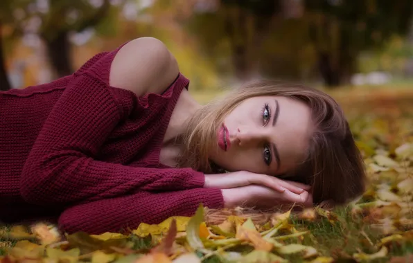 Autumn, girl, face, Park, glade, foliage, portrait, hands