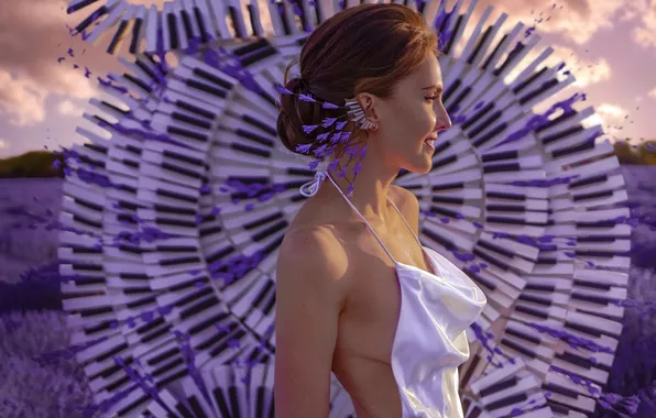 Summer, girl, nature, style, music, keys, white dress, lavender