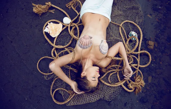Girl, network, sweetheart, shore, mermaid, tummy, shell, beautiful
