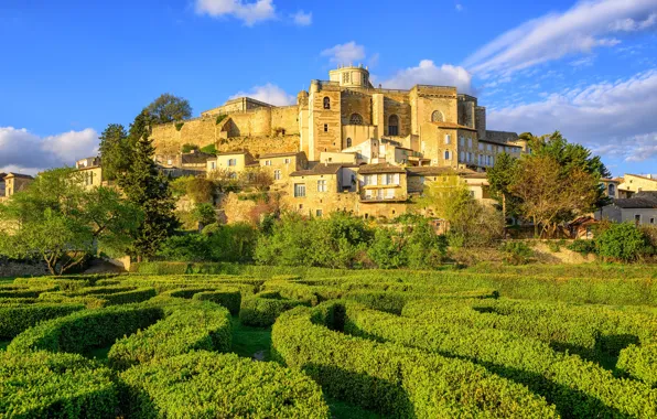 Greens, the sky, clouds, trees, design, castle, France, Sunny
