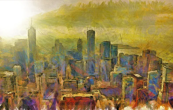 The city, paint, figure, home, canvas, touch