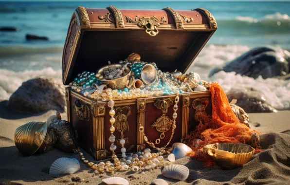 Sea, decoration, shore, fantasy, pearl, beads, treasure, chest