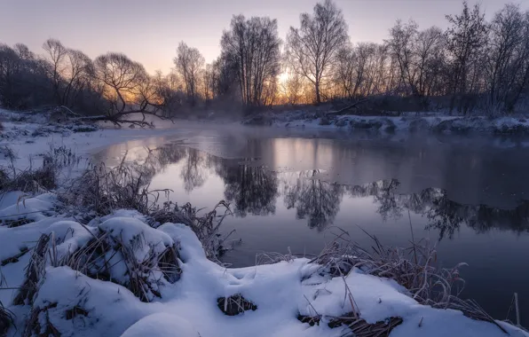 Winter, snow, trees, landscape, nature, river, dawn, ice