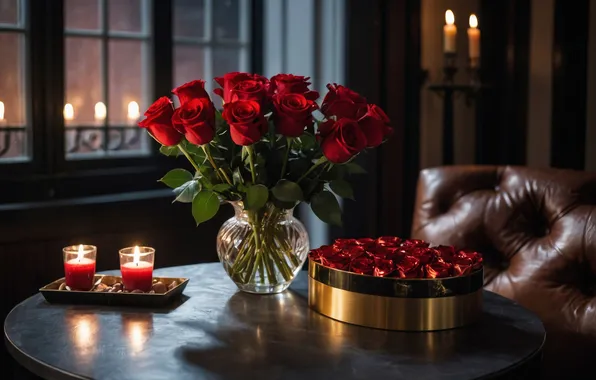Love, flowers, the dark background, table, room, holiday, box, gift